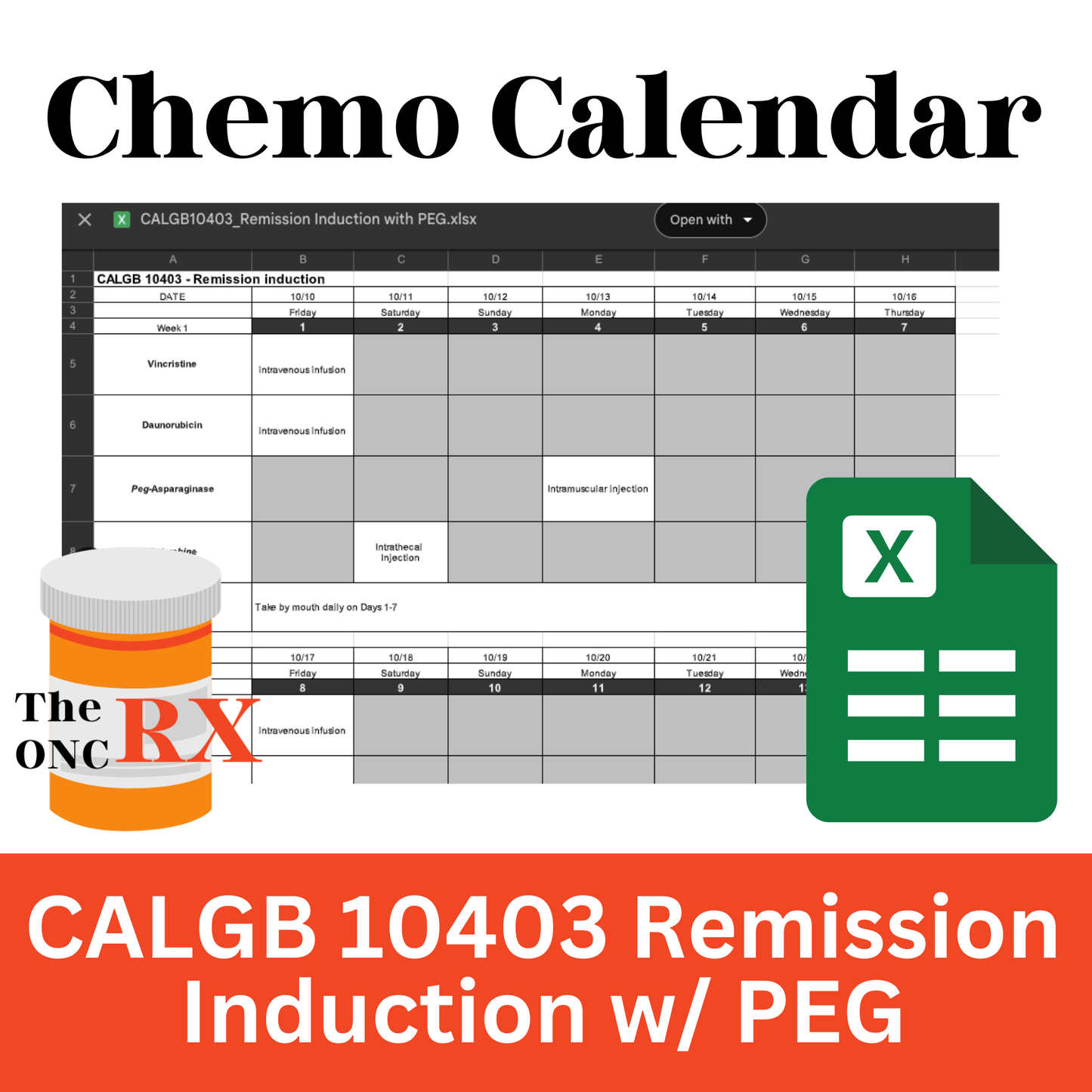 CALGB 10403 Remission Induction with Pegaspargase – Editable Excel Calendar for Oncology Pharmacists