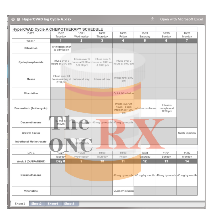 Hyper-CVAD Cycle A Patient Calendar - Editable Excel Doc